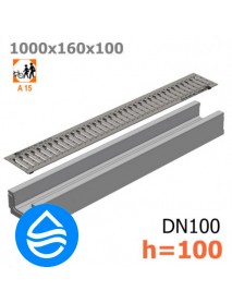 Лоток водоотводный бетонный DN100 H100 бетонный с решеткой стальной A15