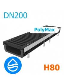 Лоток водоотводный пластиковый PolyMax DN200 H80 с чугунной решеткой, кл. E