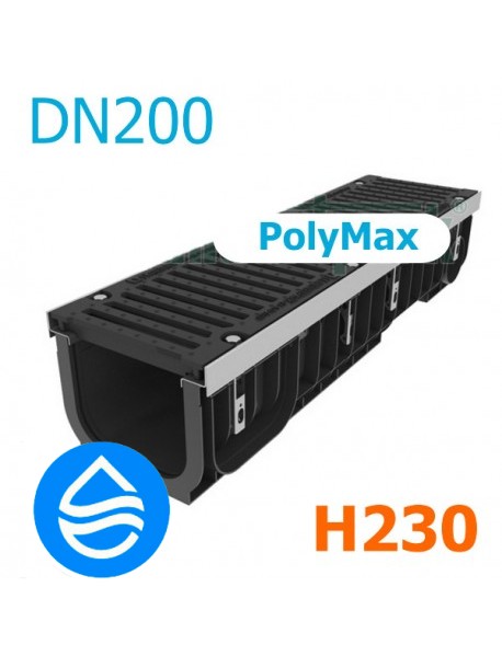 Лоток водоотводный пластиковый PolyMax DN200 H230 с чугунной решеткой, кл. E