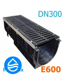 Лоток водоотводный пластиковый PolyMax DN300 H380 с чугунной решеткой, кл. E