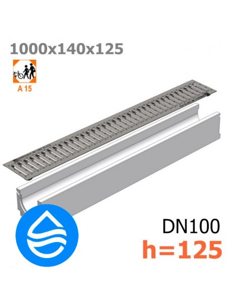 Лоток водоотводный бетонный DN100 H125 с решеткой стальной A15