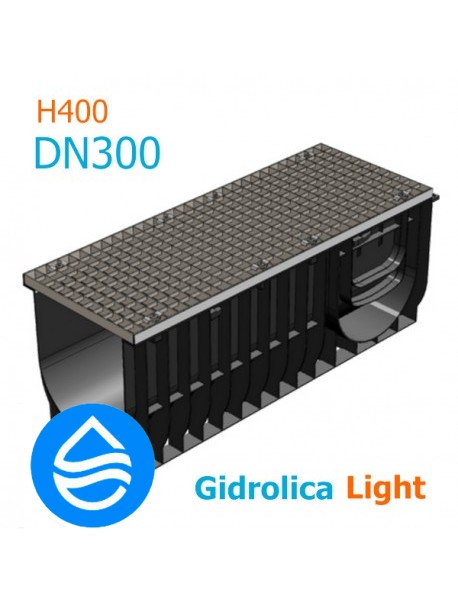 Лоток водоотводный пластиковый Gidrolica Light DN300 H400 с решеткой стальной, кл.A15