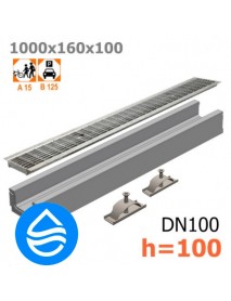 Лоток водоотводный бетонный DN100 H100 бетонный с решеткой стальной ячеистой