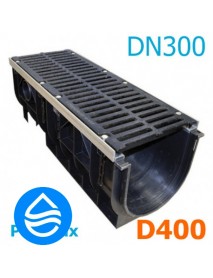 Лоток водоотводный пластиковый PolyMax DN300 H380 с чугунной решеткой, кл. D